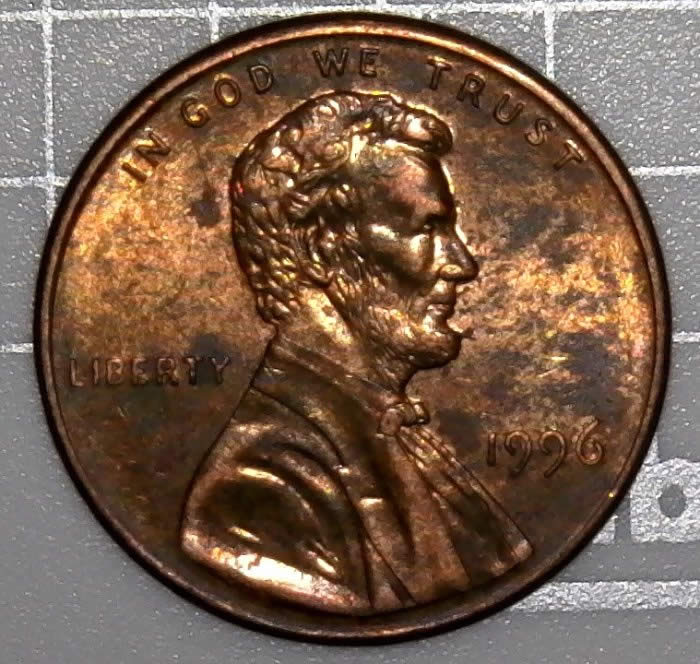 1996-P-Lincoln-Cent-With-Reverse-Struck-Through-Was-Soaked-In-Acetone